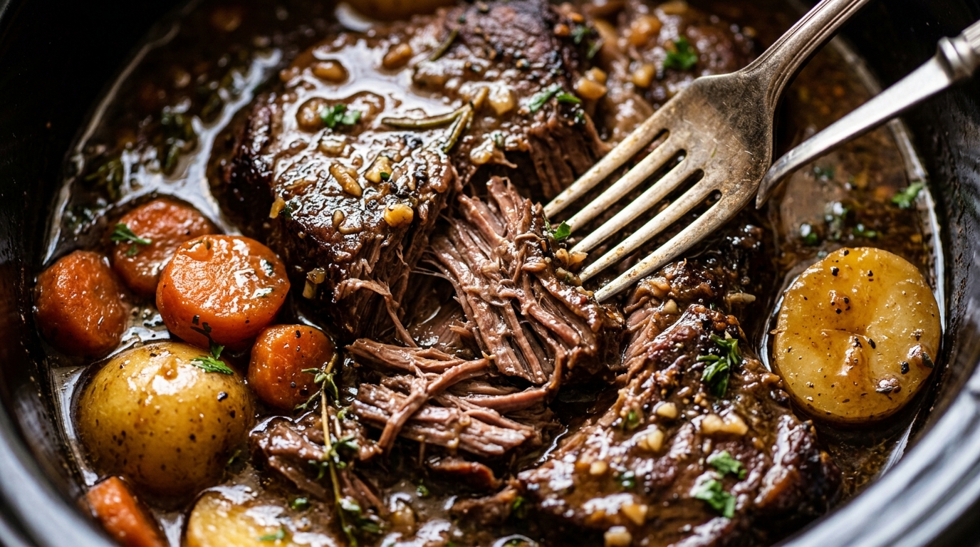 Ultra close-up macro food photography of fork-tender slow cooker beef pot roast pulling apart in rich dark garlic herb gravy