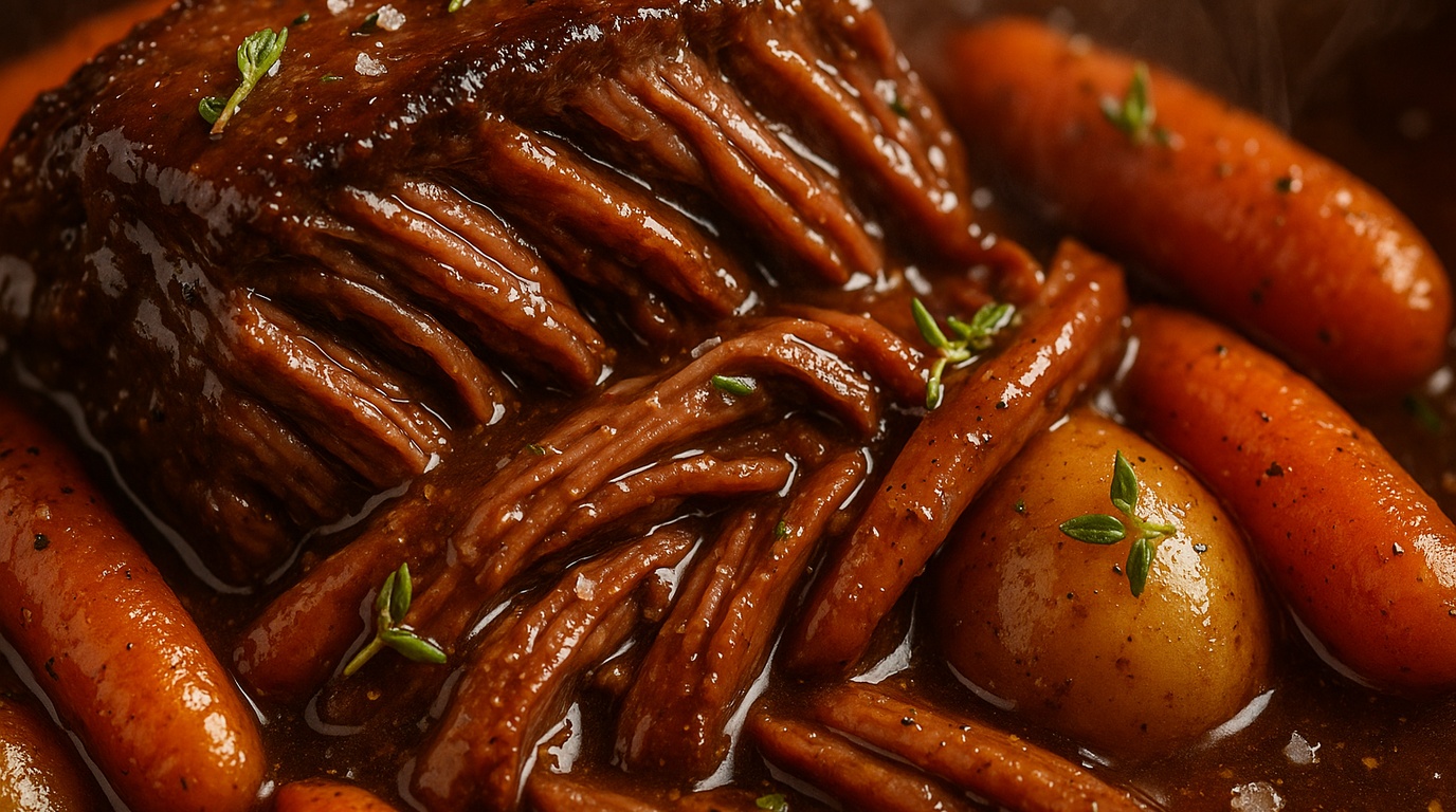 Ultra close-up macro food photography of fork-tender slow cooker beef pot roast pulling apart in rich dark garlic herb gravy