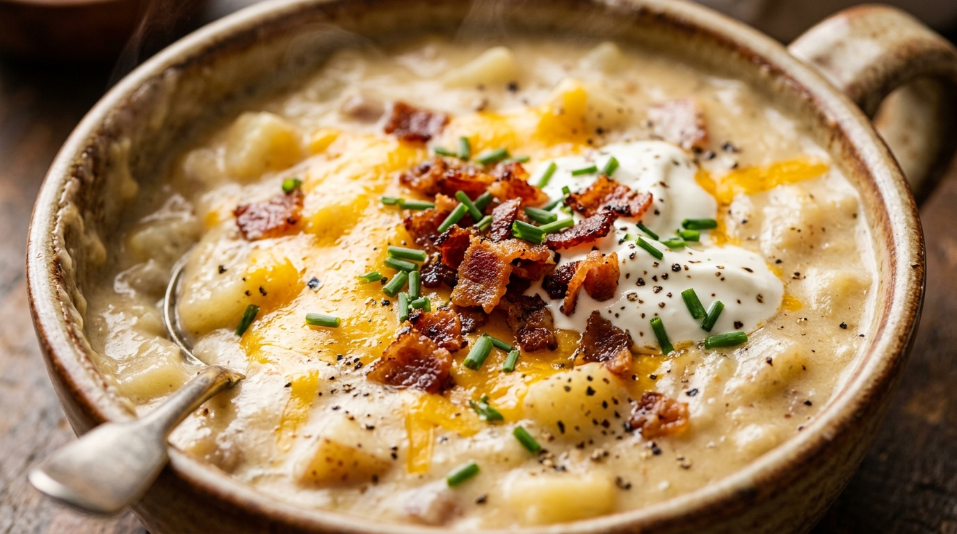 Ultra close-up macro food photography of slow cooker loaded baked potato soup in ceramic bowl with melted sharp cheddar, sour cream, beef bacon bits, and chives