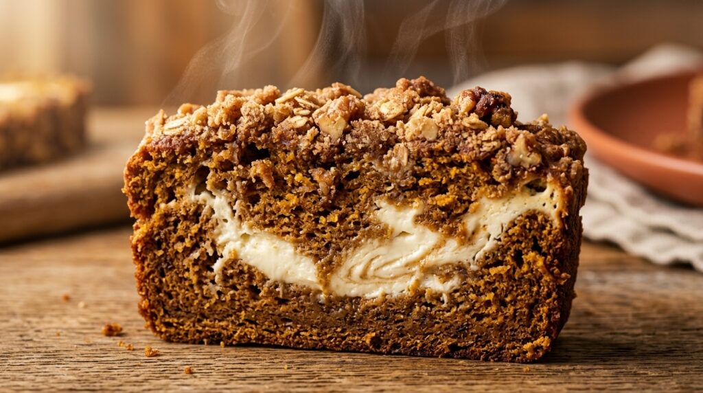 Ultra close-up macro food photography of warm sliced pumpkin bread with thick cream cheese swirl and cinnamon streusel topping