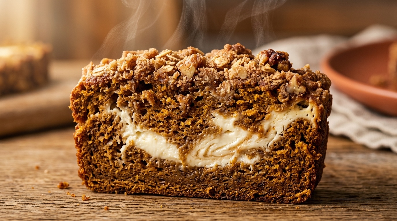 Ultra close-up macro food photography of warm sliced moist pumpkin bread with thick cream cheese swirl and crunchy cinnamon streusel crumb topping