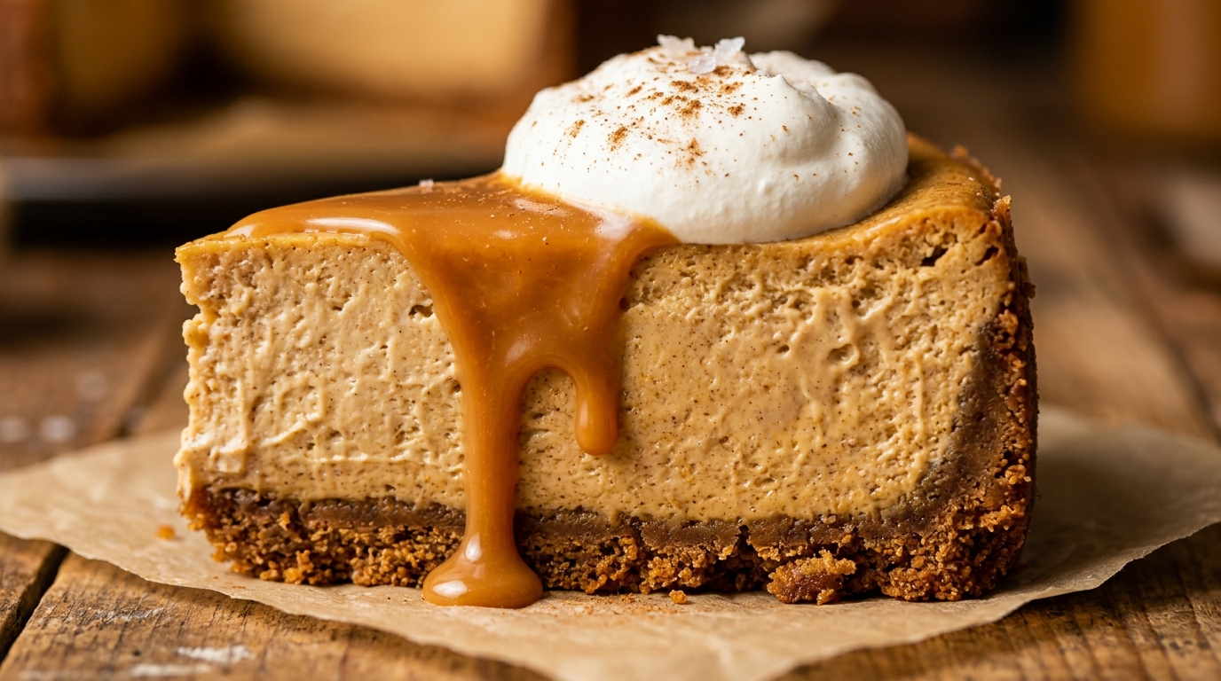 Ultra close-up macro food photography of a decadent slice of creamy spiced pumpkin cheesecake with gingersnap crust and dripping salted caramel