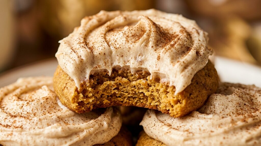 Ultra close-up macro food photography of soft bakery-style pumpkin cookies with brown butter cream cheese frosting