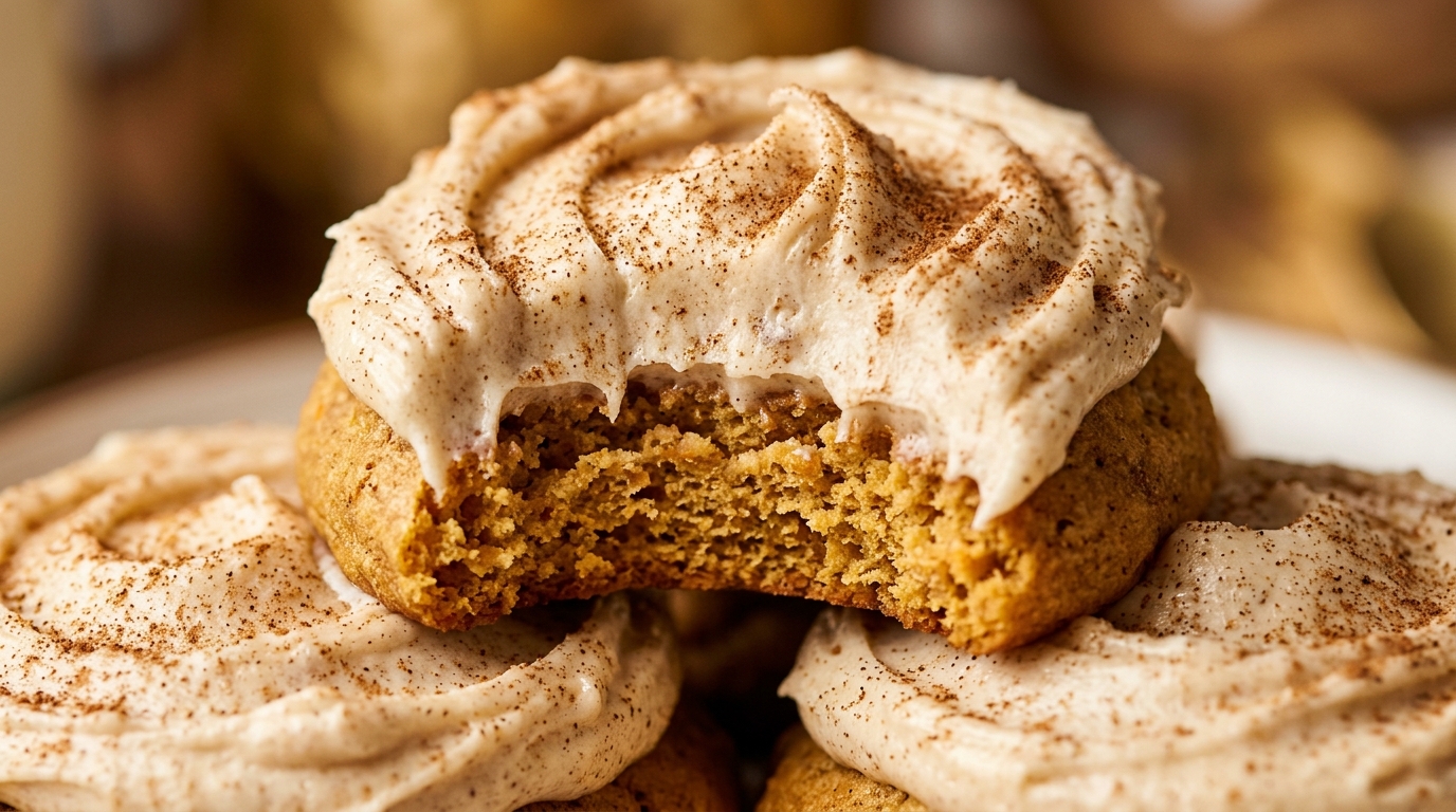 Ultra close-up macro food photography of soft bakery-style pumpkin cookies with brown butter cream cheese frosting