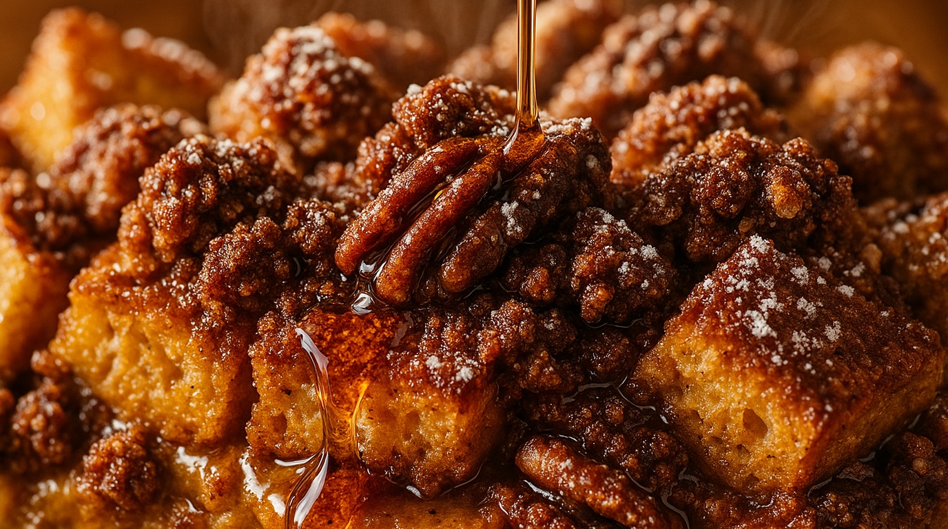 Ultra close-up macro food photography of baked pumpkin French toast casserole with crunchy pecan streusel and maple syrup