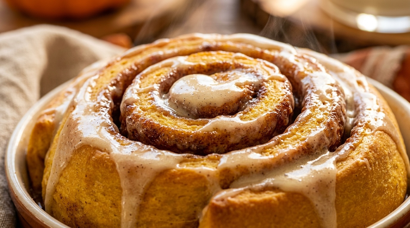 Ultra close-up macro food photography of freshly baked pumpkin cinnamon rolls smothered in melted cream cheese icing