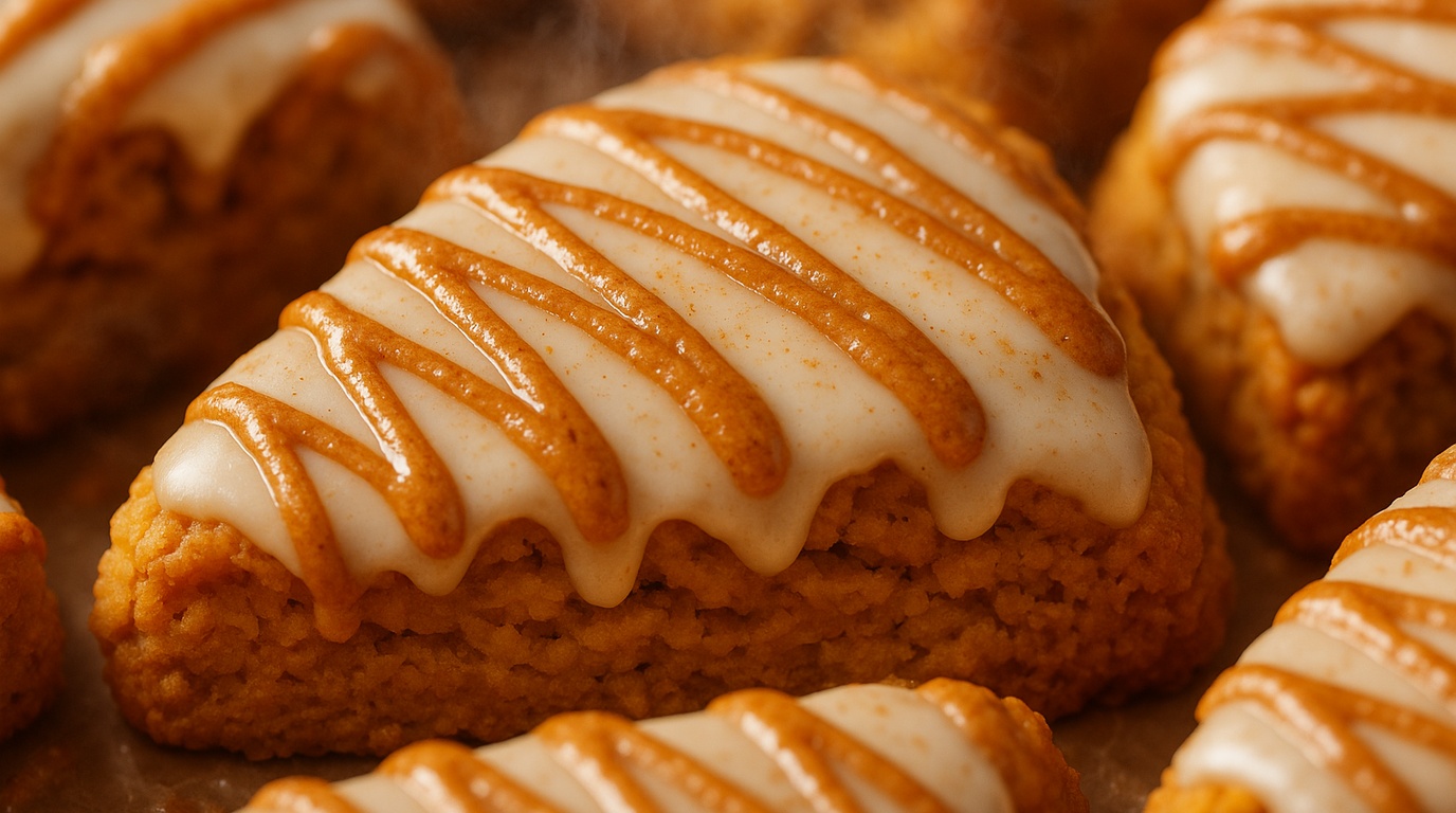 Ultra close-up macro food photography of golden-baked glazed pumpkin spice scones with double vanilla and spiced drizzle