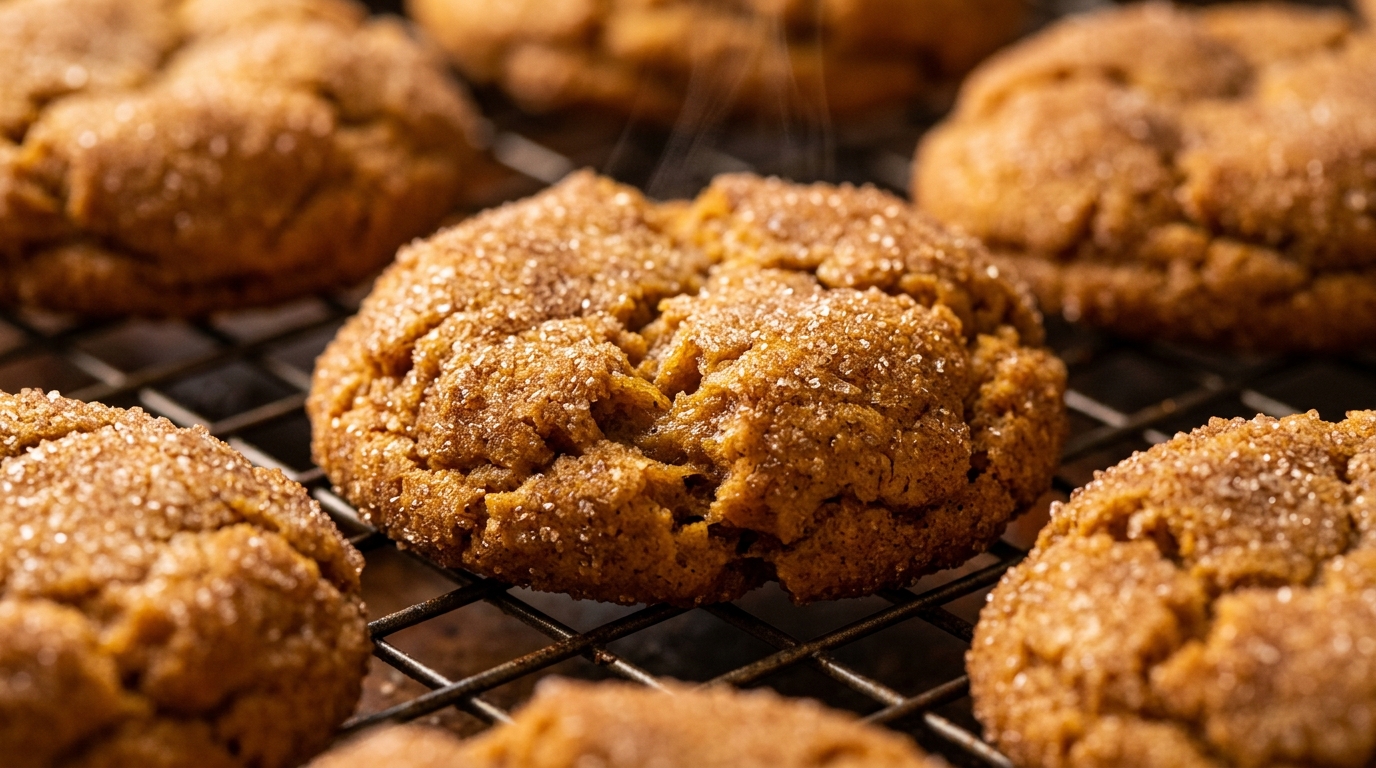 Ultra close-up macro food photography of thick chewy brown butter pumpkin snickerdoodle cookies cooling on a wire rack sparkling with cinnamon sugar