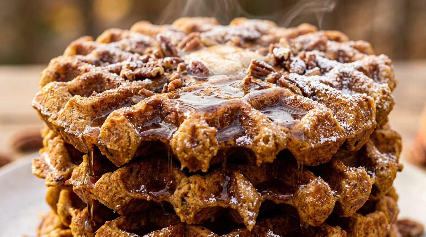 Ultra close-up macro food photography of a stack of golden crispy spiced pumpkin Belgian waffles with deep pockets, melting cinnamon honey butter, toasted pecans, and dripping warm maple syrup