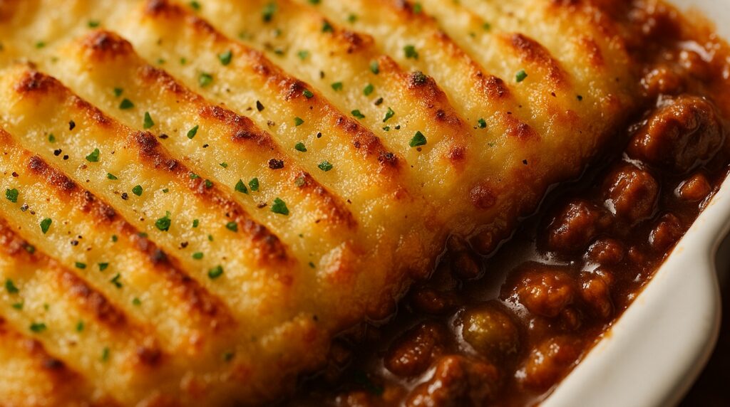 Ultra close-up macro food photography of bubbling savory beef shepherd pie with golden browned crispy potato peaks