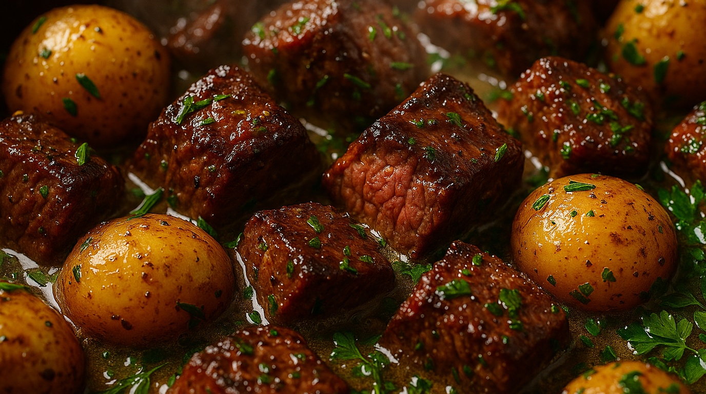Ultra close-up macro food photography of garlic butter steak bites and tender baby potatoes with fresh herbs