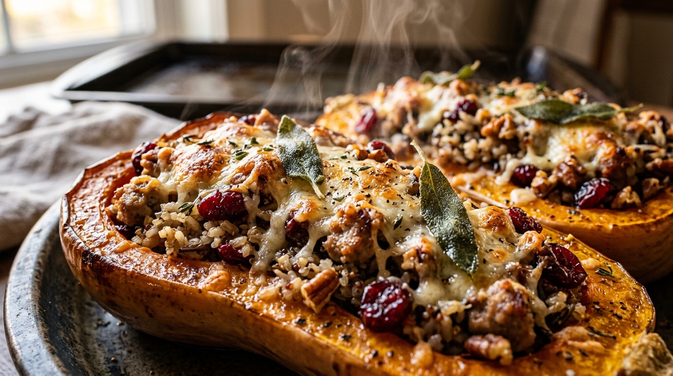 Ultra close-up macro food photography of roasted stuffed butternut squash halves brimming with savory sausage, wild rice, cranberries, pecans, melted parmesan, and crispy sage