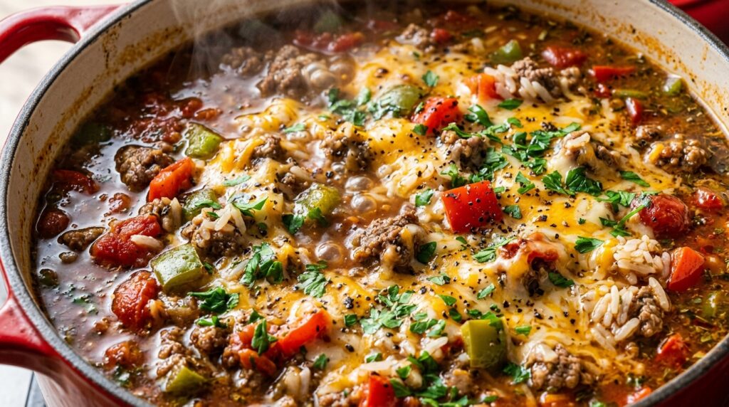 Ultra close-up macro food photography of rich and savory stuffed pepper soup bubbling in a Dutch oven