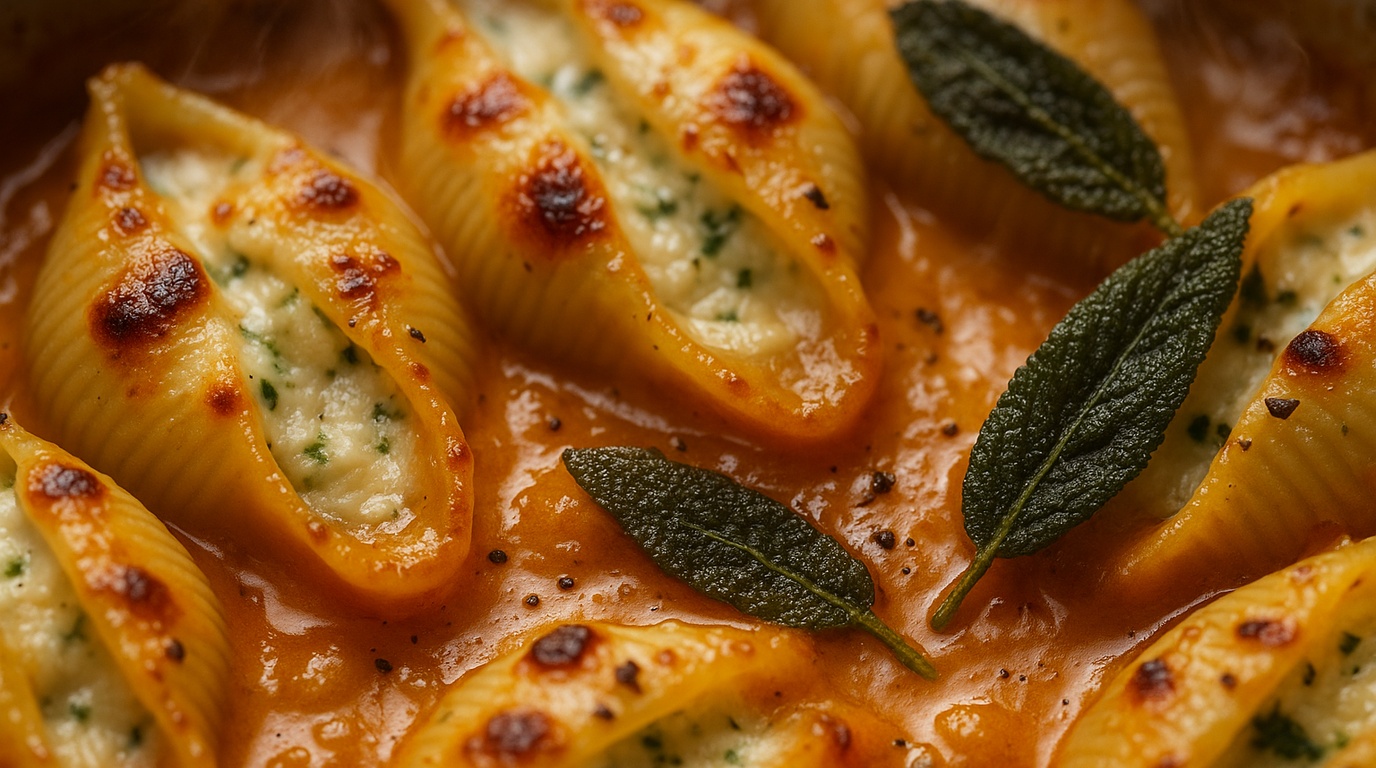 Ultra close-up macro food photography of baked jumbo pasta shells bubbling in pumpkin garlic cream sauce with melted mozzarella