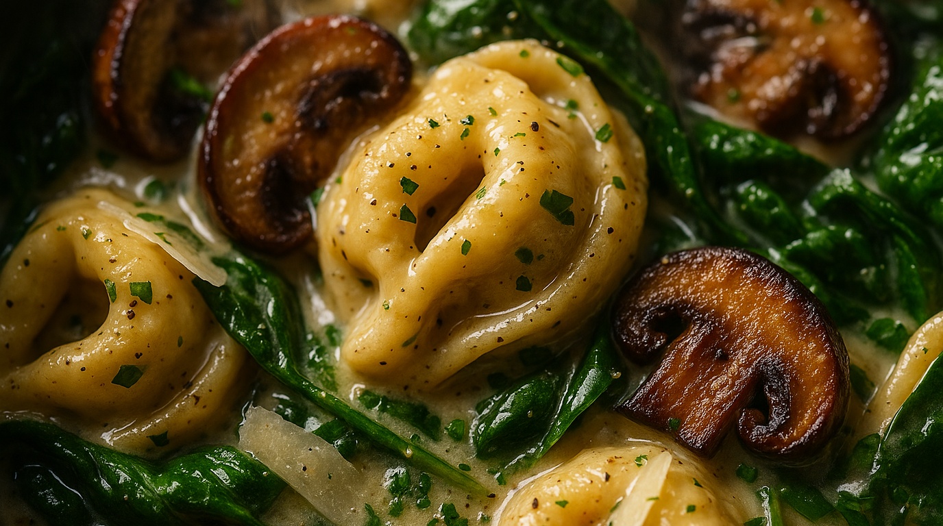 Ultra close-up macro food photography of creamy garlic parmesan tortellini with sautéed cremini mushrooms and vibrant spinach