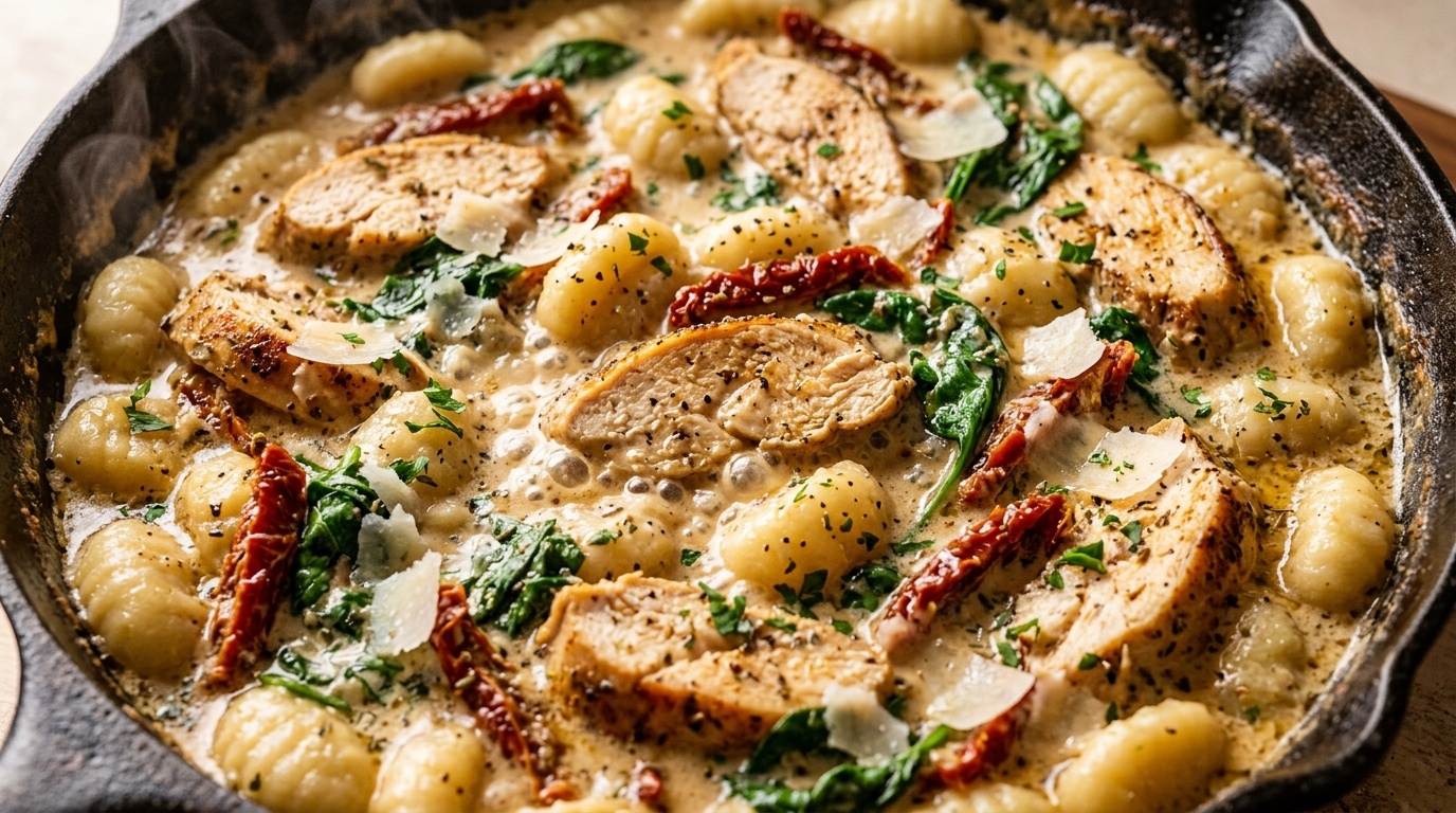Ultra close-up macro food photography of creamy garlic Tuscan chicken gnocchi simmering in skillet with parmesan cheese