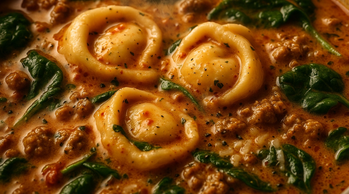 Ultra close-up macro food photography of creamy Tuscan tortellini soup with cheese tortellini, spinach, and sun-dried tomatoes