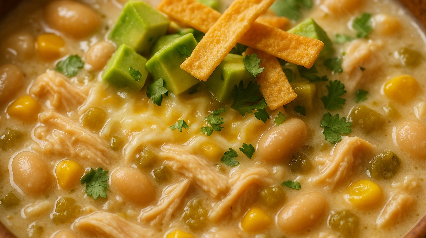 Ultra close-up macro food photography of creamy white chicken chili with shredded chicken, white beans, corn, and avocado