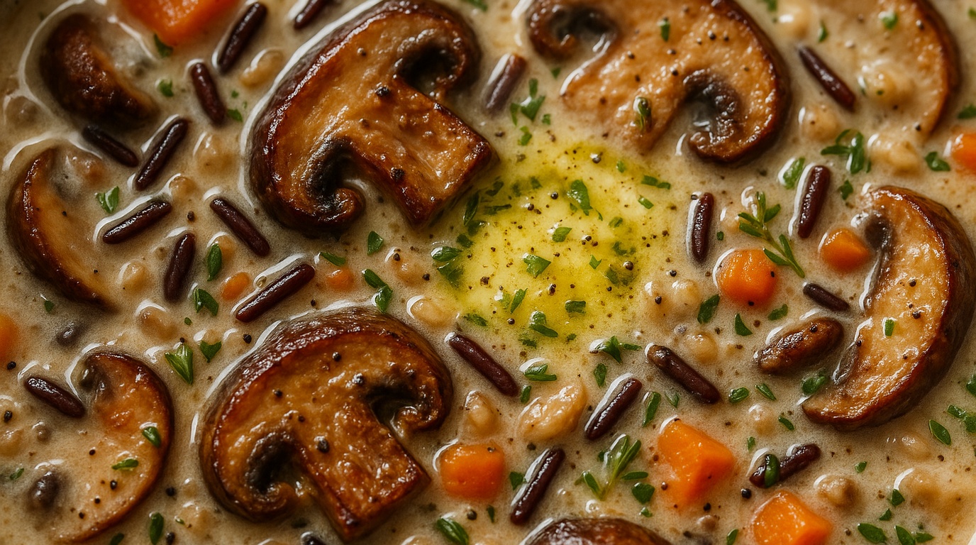 Ultra close-up macro food photography of creamy wild rice and mushroom soup with caramelized cremini mushrooms and fresh thyme